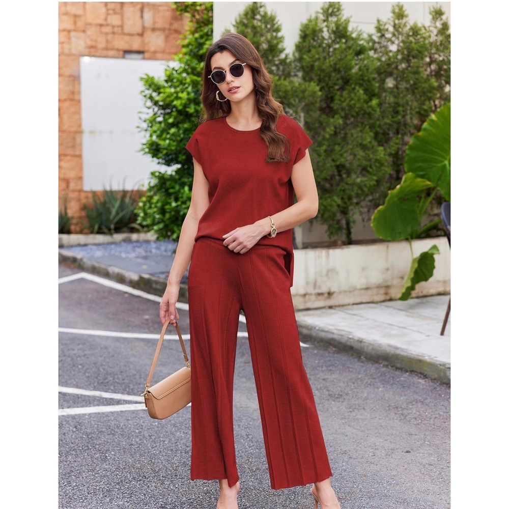 Ekouaer Womens Red Knit 2 Piece Lounge Set Wide Leg Pants XL NWOT Classy Comfy